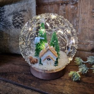 Glas bol- Huisje met bomen en sneeuw. Incl. led verlichting.