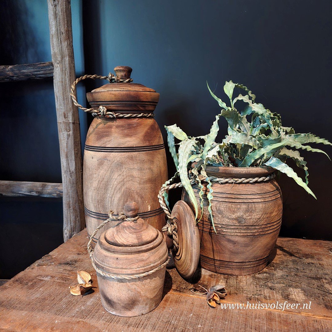 Houten pot met deksel. Grijs-Bruin || Large. - Afbeelding 6
