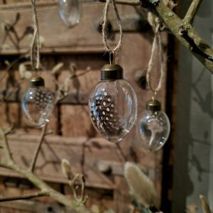 Paasei hanger van glas- Veren en jute touw || Set van 9.