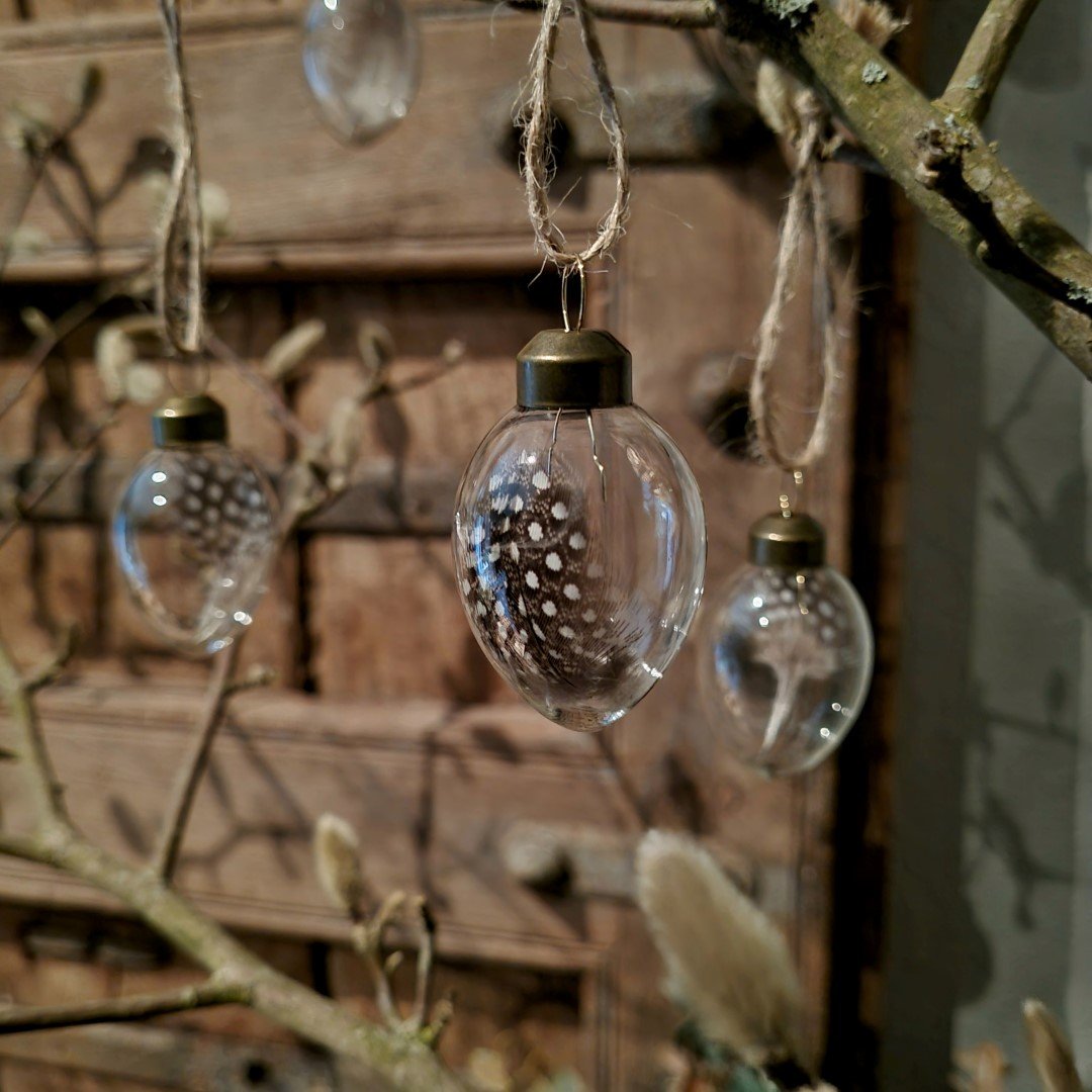 Paasei hanger van glas- Veren en jute touw || Set van 9.