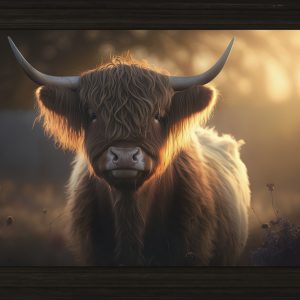 Tuinposter met zeilogen- Hooglander bij zonsondergang || 60x80 cm.