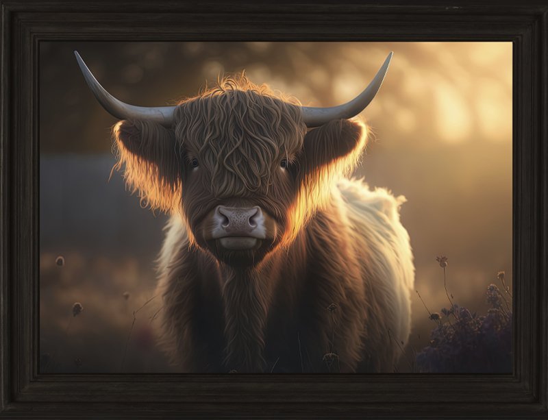 Tuinposter met zeilogen- Hooglander bij zonsondergang || 60x80 cm.