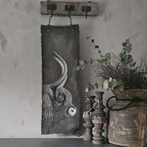 Handgeschilderd wanddoek- Hooglander. Lang.