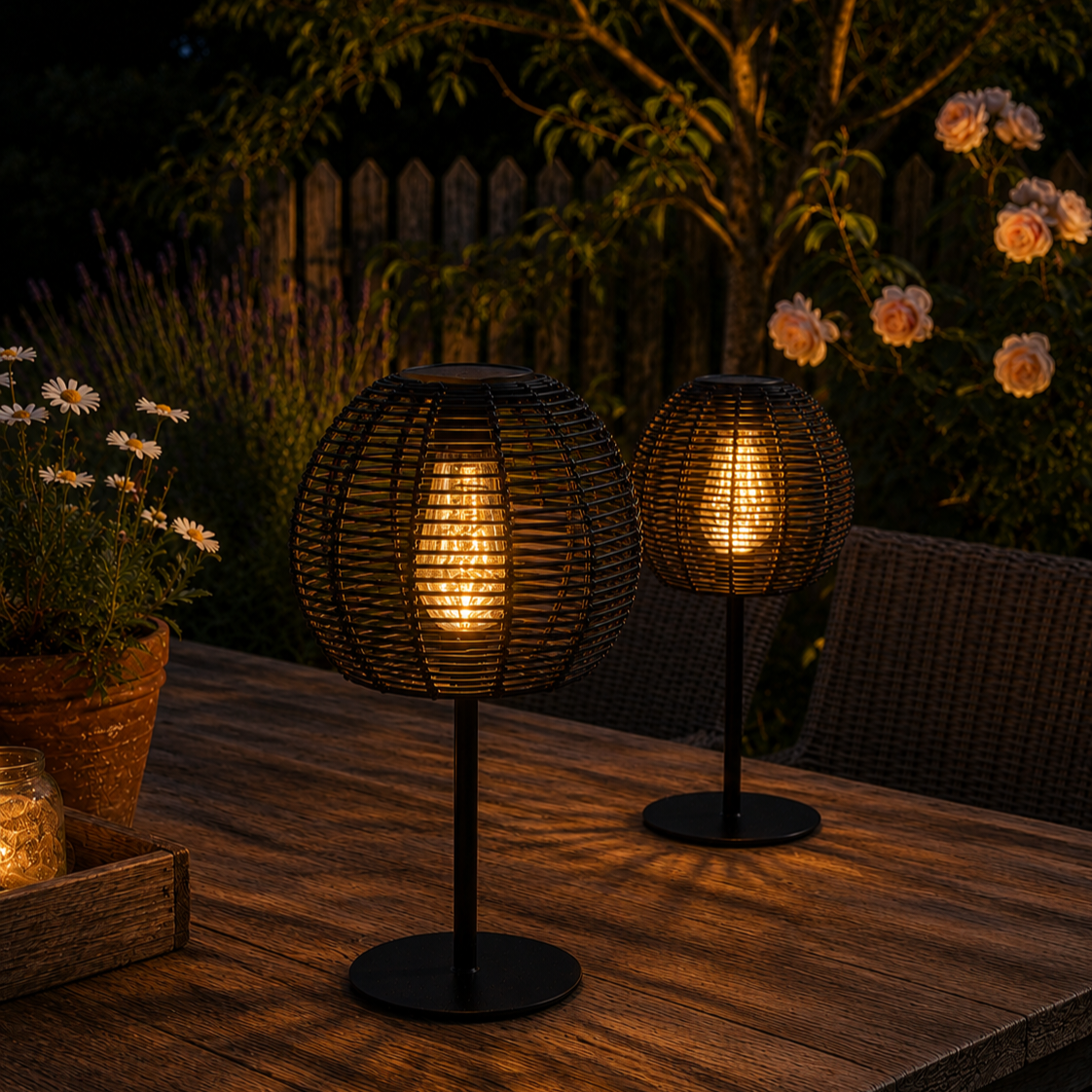 Tafellamp met Solar- Rond || Rotan Zwart. - Afbeelding 2