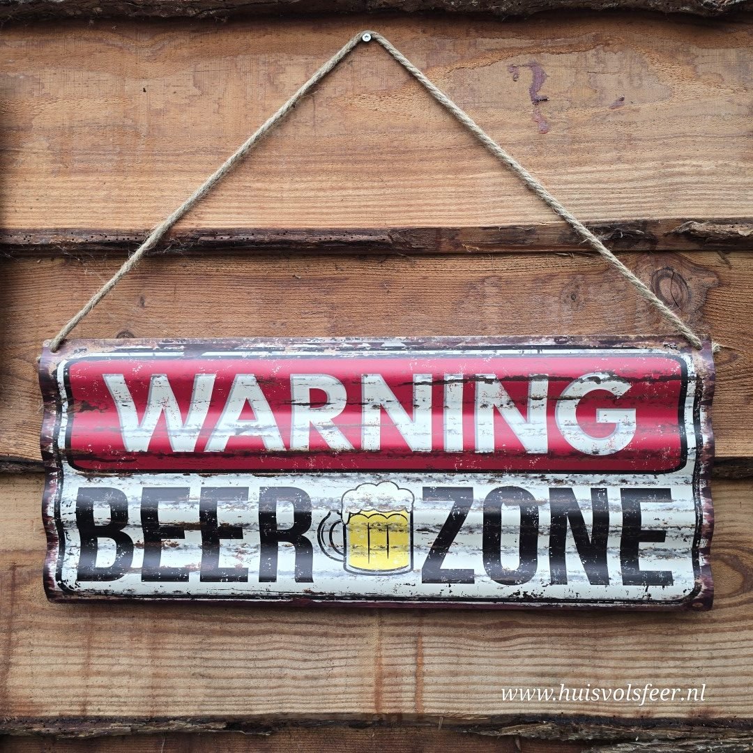 Metalen wandbord- "Warning: Beer Zone" || 59x24 cm