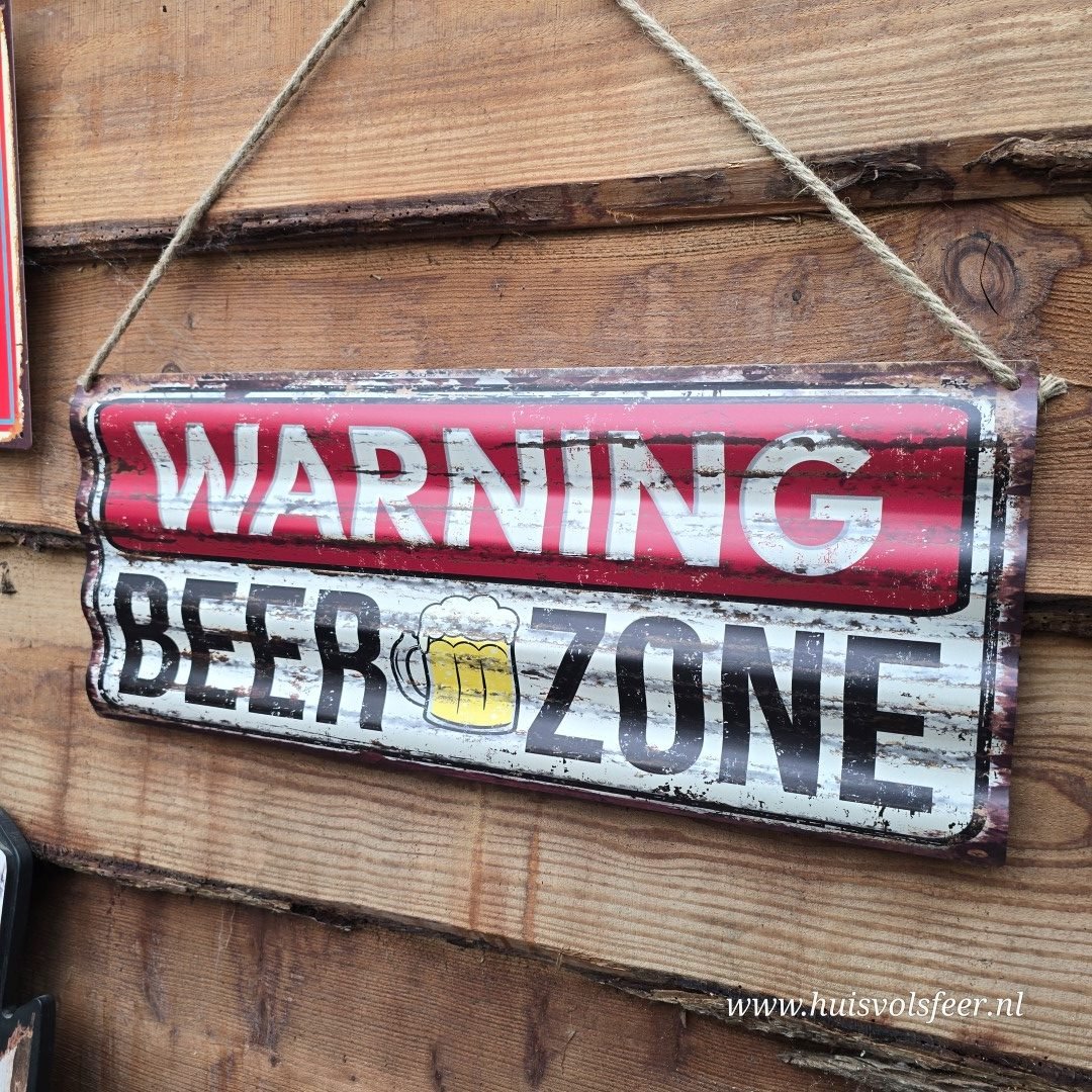 Metalen wandbord- "Warning: Beer Zone" || 59x24 cm - Afbeelding 2