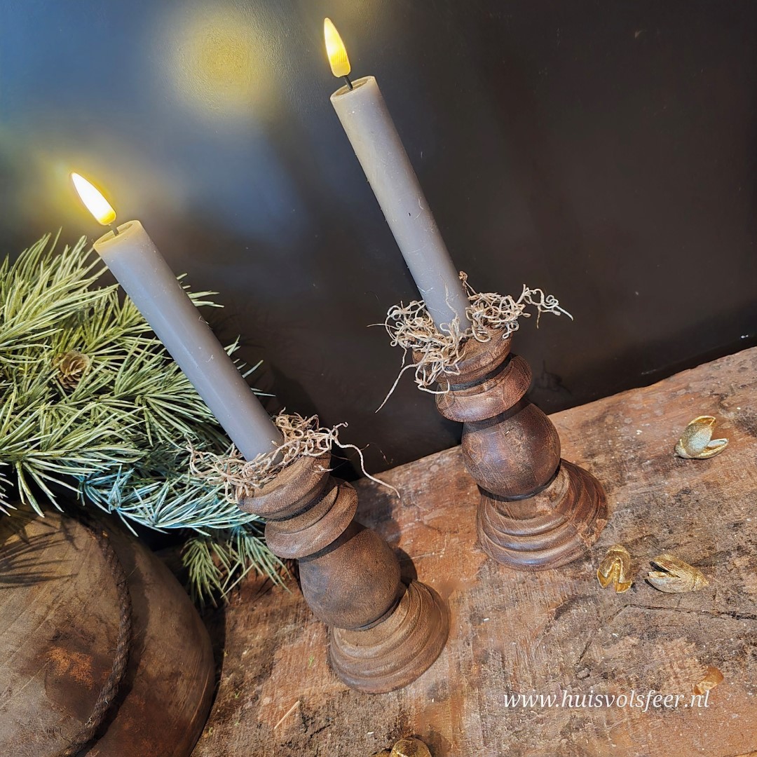 Houten kandelaar- Dinerkaars || 15 cm. - Afbeelding 2