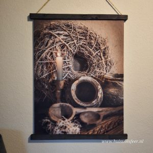 Wanddoek "Landelijk en sfeervol". Krans met kandelaar.