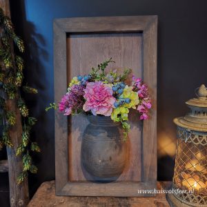 Houten Lijst met Kruik- Warm Rose Peony & Hortensia