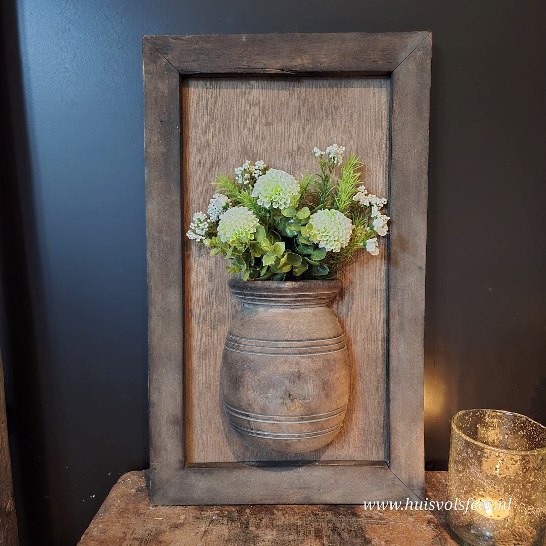 Houten Lijst met Kruik- Dahlia Pompom || Wit