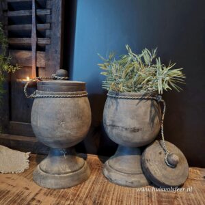 Houten pot op voet met deksel “Rope” || 16 x H31 cm