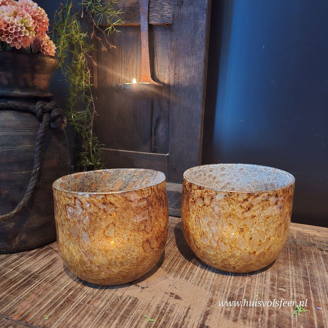 Waxinelichthouder glas- Amber Bruin || 12,5 x 12,5 cm - Afbeelding 4