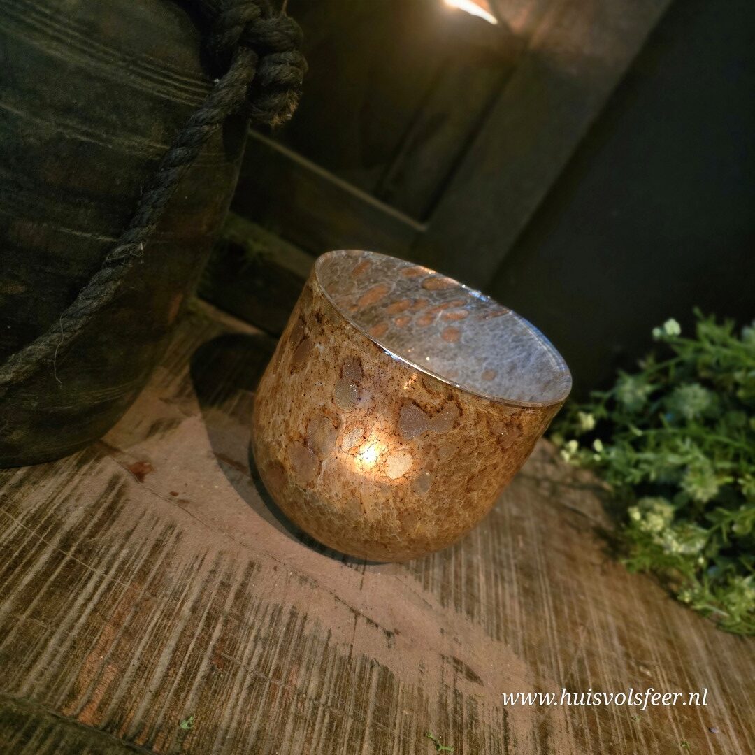 Waxinelichthouder glas- Amber Bruin || 12,5 x 12,5 cm - Afbeelding 2