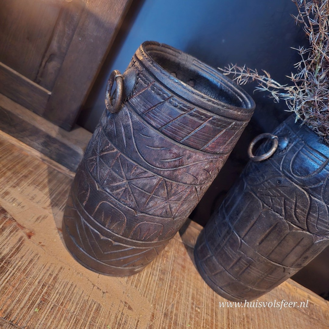 Nepalese Pot met Gravure & Ringen || Donkerbruin - Afbeelding 3