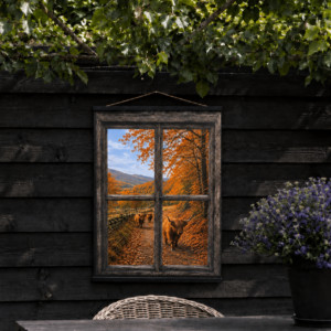 Tuinposter Raam- Herfst Hooglanders || 50 x 70 cm