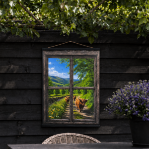 Tuinposter Raam- Zomer Hooglanders || 50 x 70 cm
