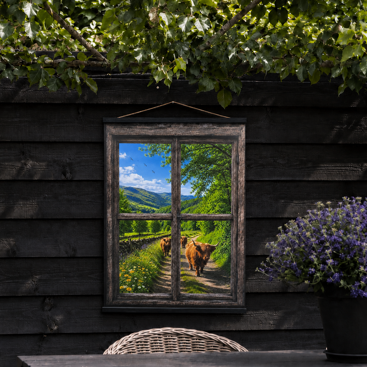 Tuinposter Raam- Zomer Hooglanders || 50 x 70 cm
