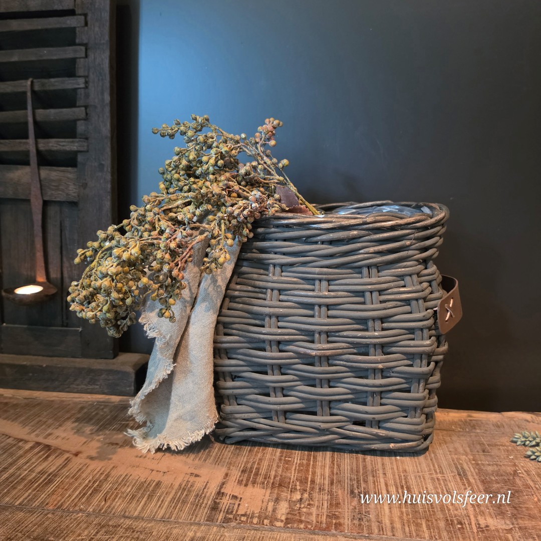 Landelijke Rattan Mand met Leren Handvatten- Old Grey || Medium - Afbeelding 4