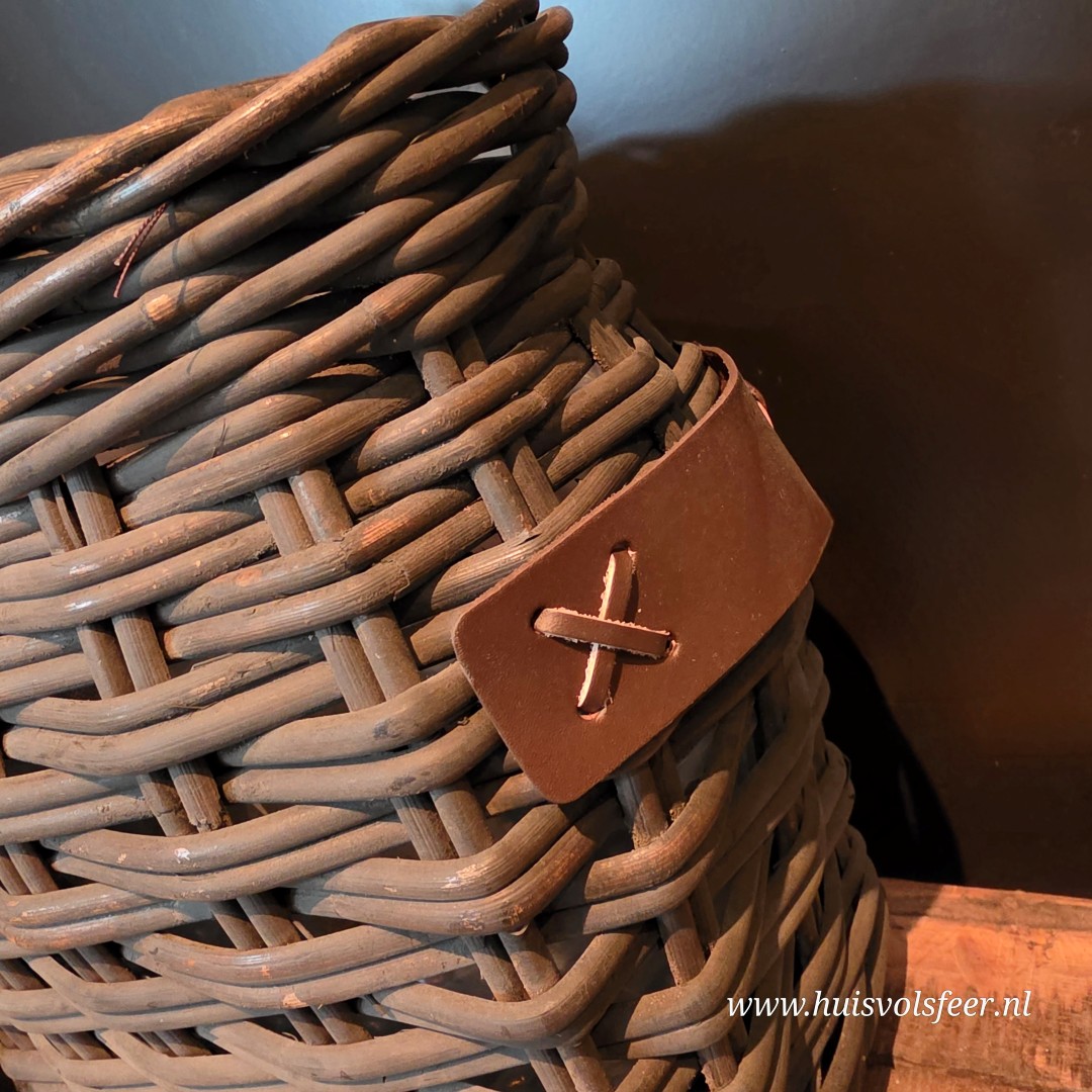 Landelijke Rattan Mand met Leren Handvatten- Old Grey || Medium - Afbeelding 10