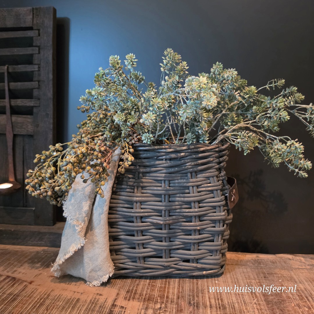 Landelijke Rattan Mand met Leren Handvatten- Old Grey || Medium - Afbeelding 3