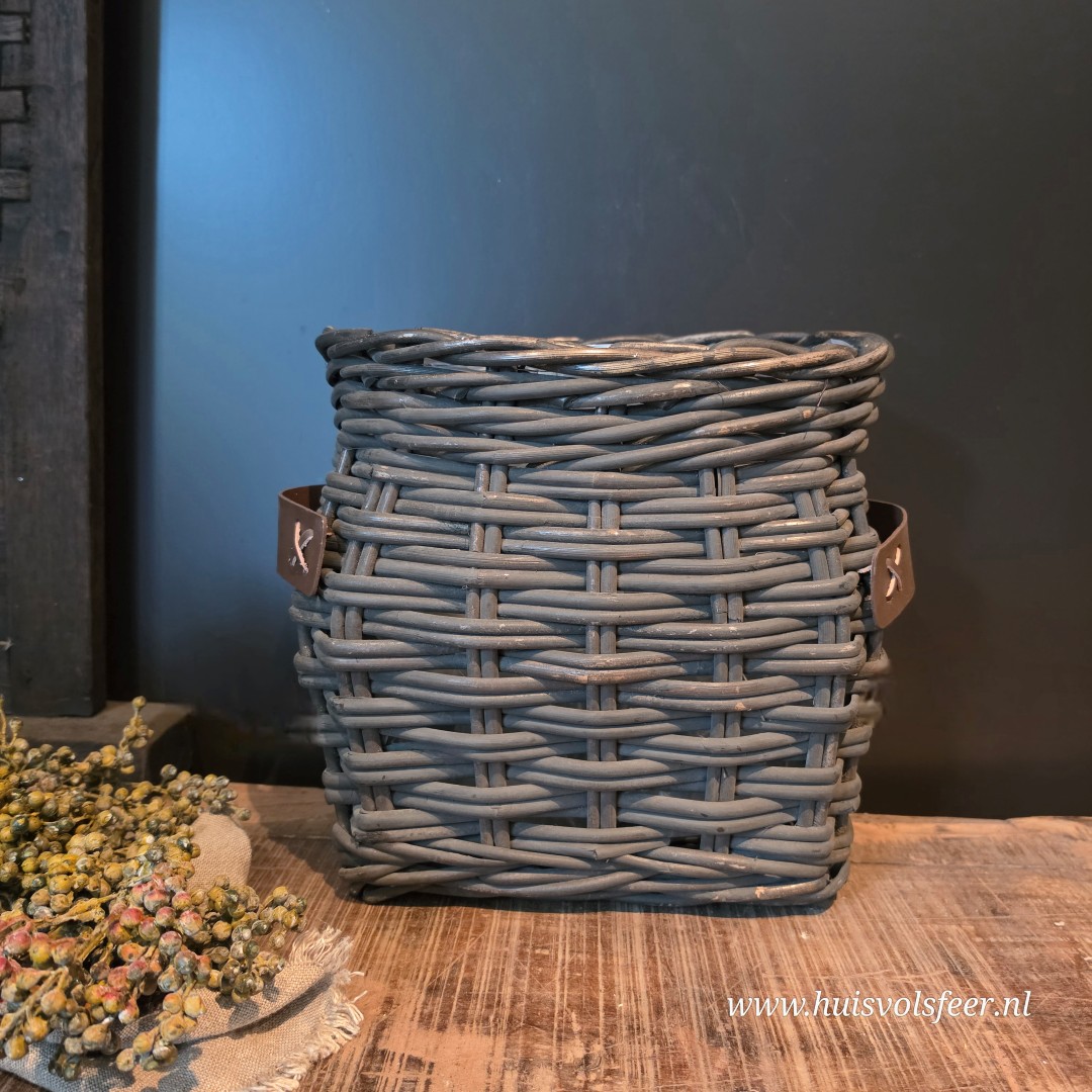 Landelijke Rattan Mand met Leren Handvatten- Old Grey || Medium - Afbeelding 7