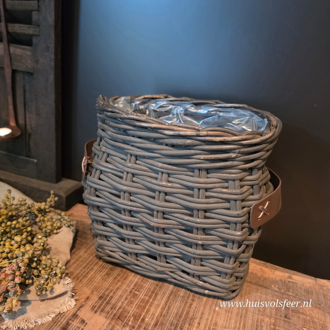 Landelijke Rattan Mand met Leren Handvatten- Old Grey || Medium - Afbeelding 8