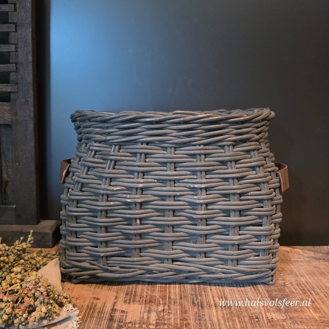 Landelijke Rattan Mand met Leren Handvatten- Old Grey || Large - Afbeelding 5