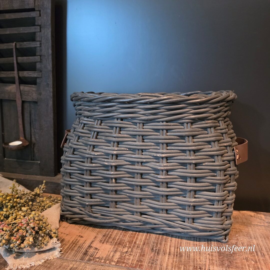 Landelijke Rattan Mand met Leren Handvatten- Old Grey || Large - Afbeelding 6