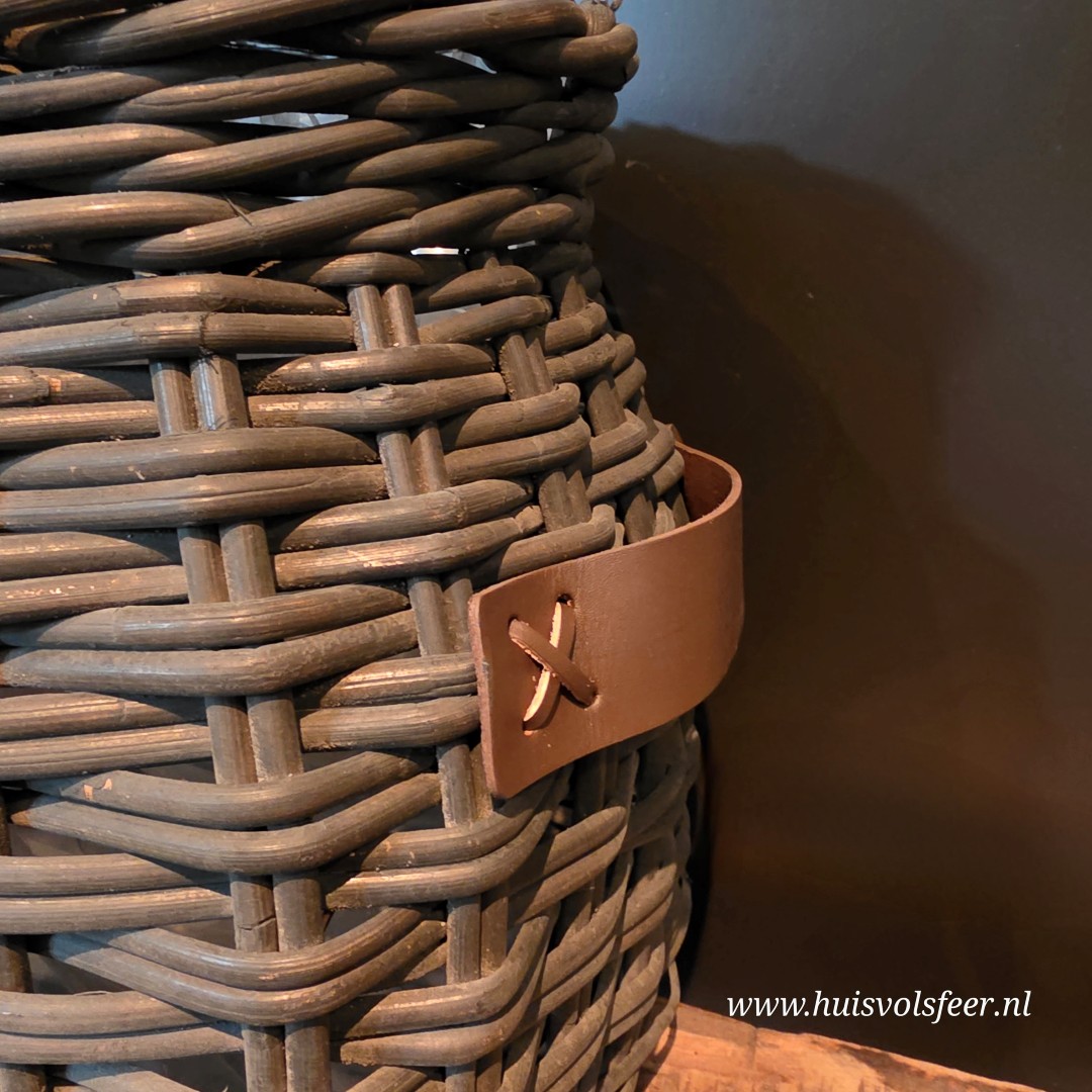 Landelijke Rattan Mand met Leren Handvatten- Old Grey || Large - Afbeelding 7
