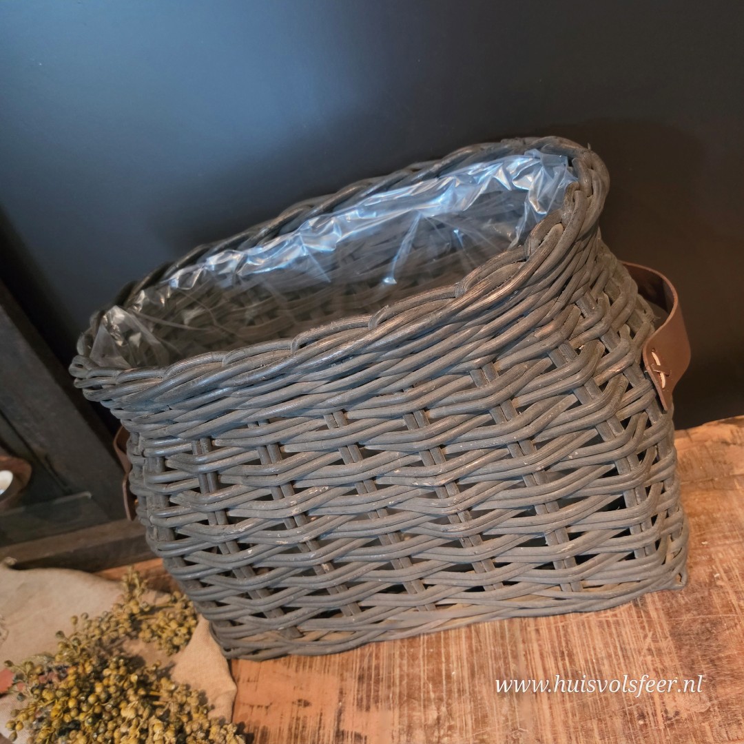 Landelijke Rattan Mand met Leren Handvatten- Old Grey || Large - Afbeelding 8