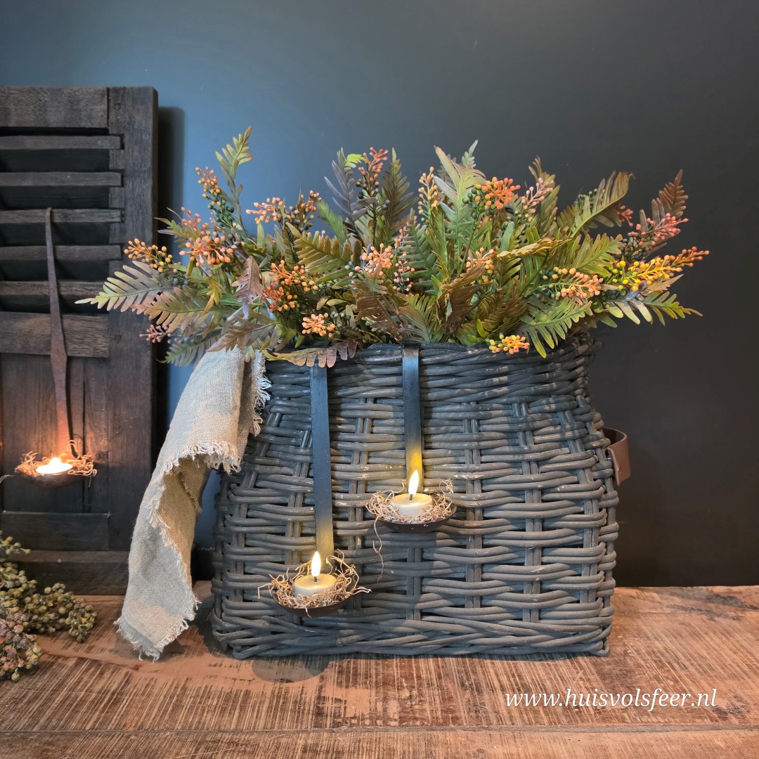 Landelijke Rattan Mand met Leren Handvatten- Old Grey || Large