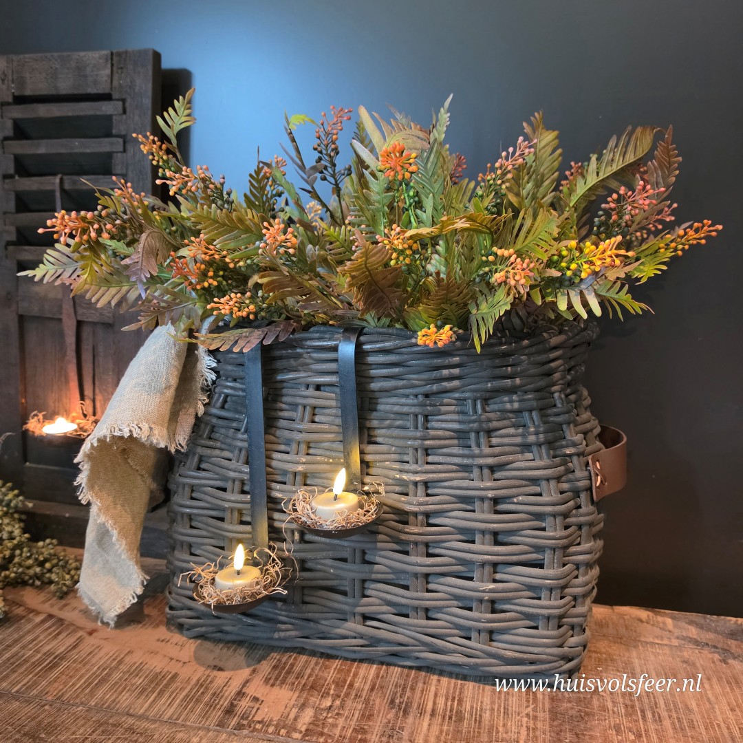 Landelijke Rattan Mand met Leren Handvatten- Old Grey || Large - Afbeelding 2