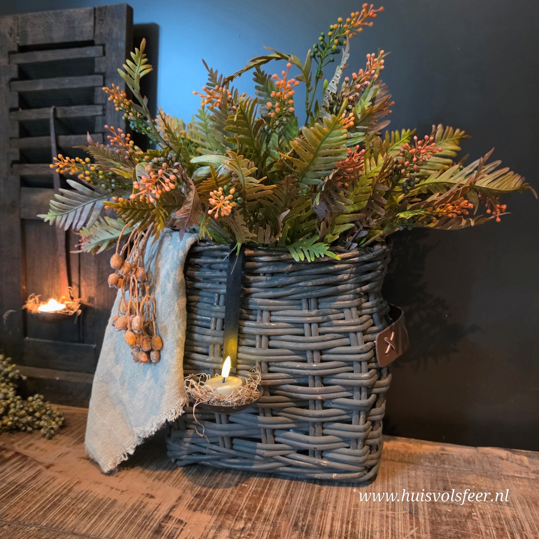 Landelijke Rattan Mand met Leren Handvatten- Old Grey || Medium - Afbeelding 2