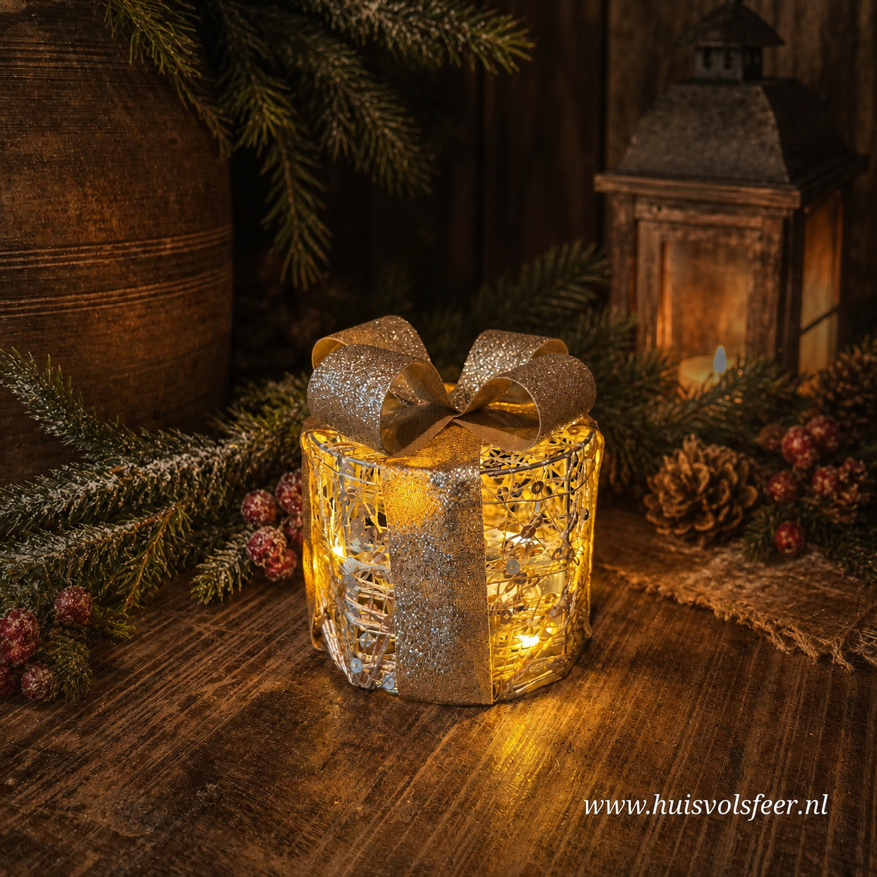 Gouden cadeau box met ledverlichting || Rond - Afbeelding 2