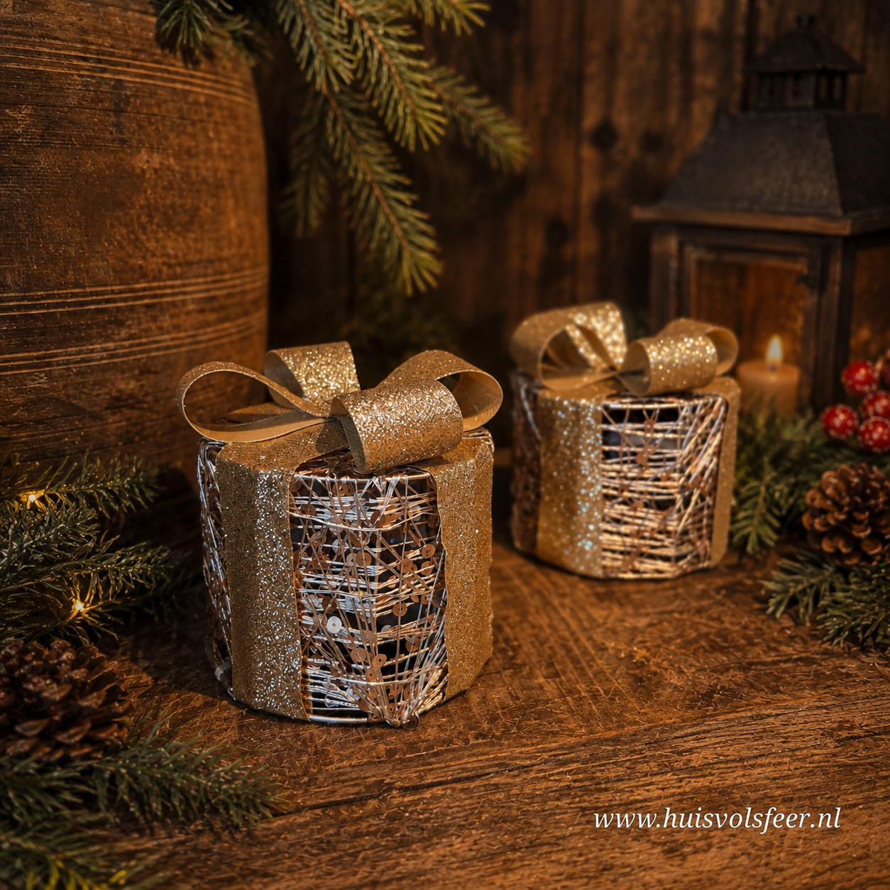 Gouden cadeau box met ledverlichting || Rond