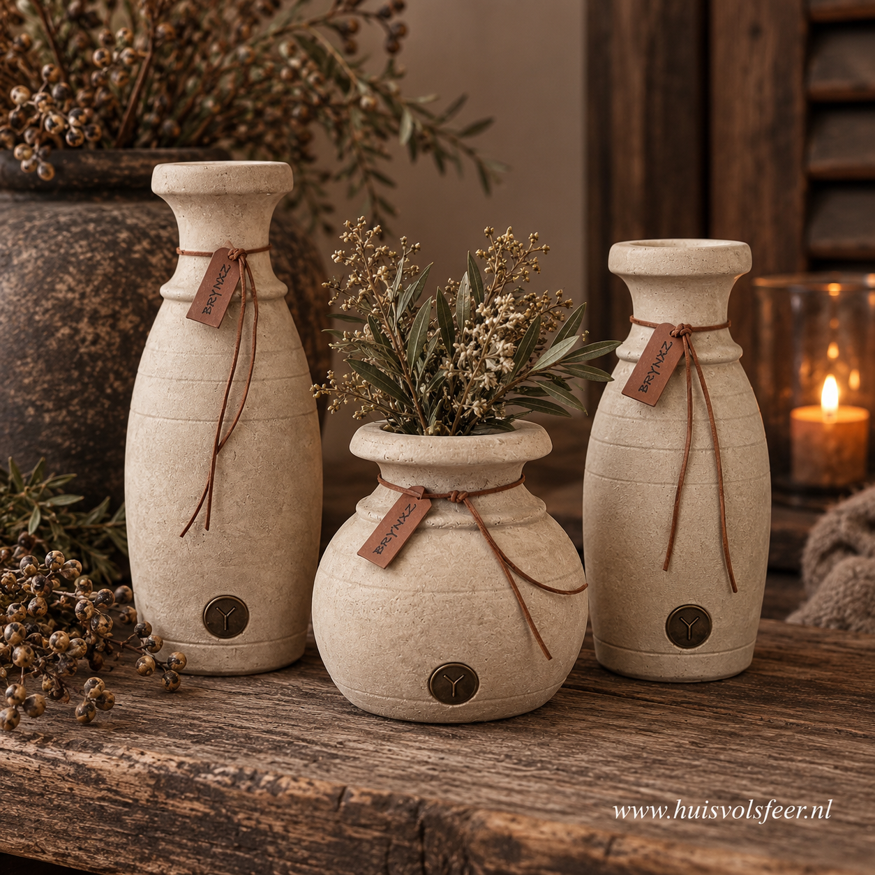 Set of 3 Bottles with Lines and Rope- Majestic Taupe || Brynxz - Afbeelding 6