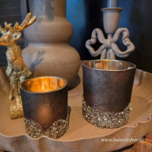 Waxinelichthouder Medium- Bruin met Gouden Details