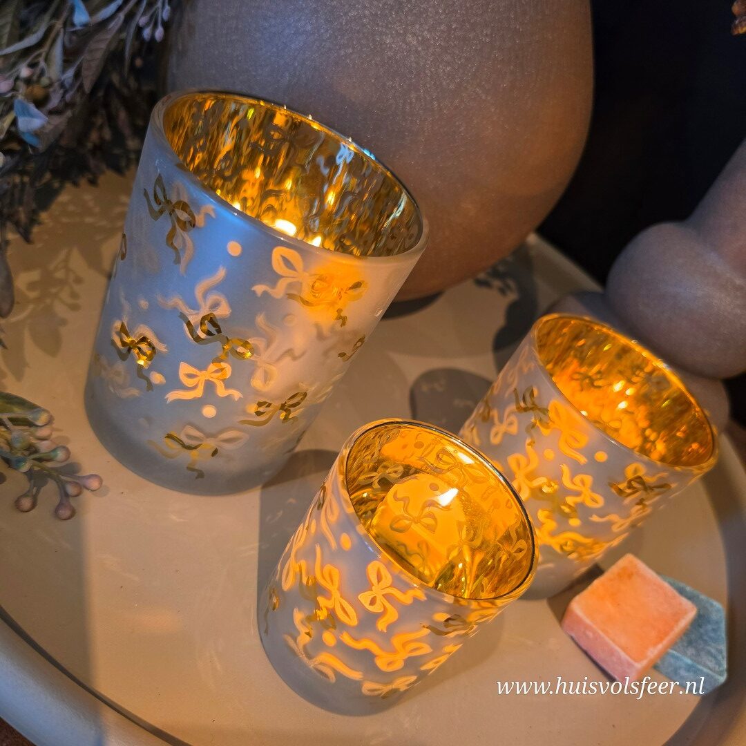 Windlicht Strik- Wit/ Goud || Large - Afbeelding 7