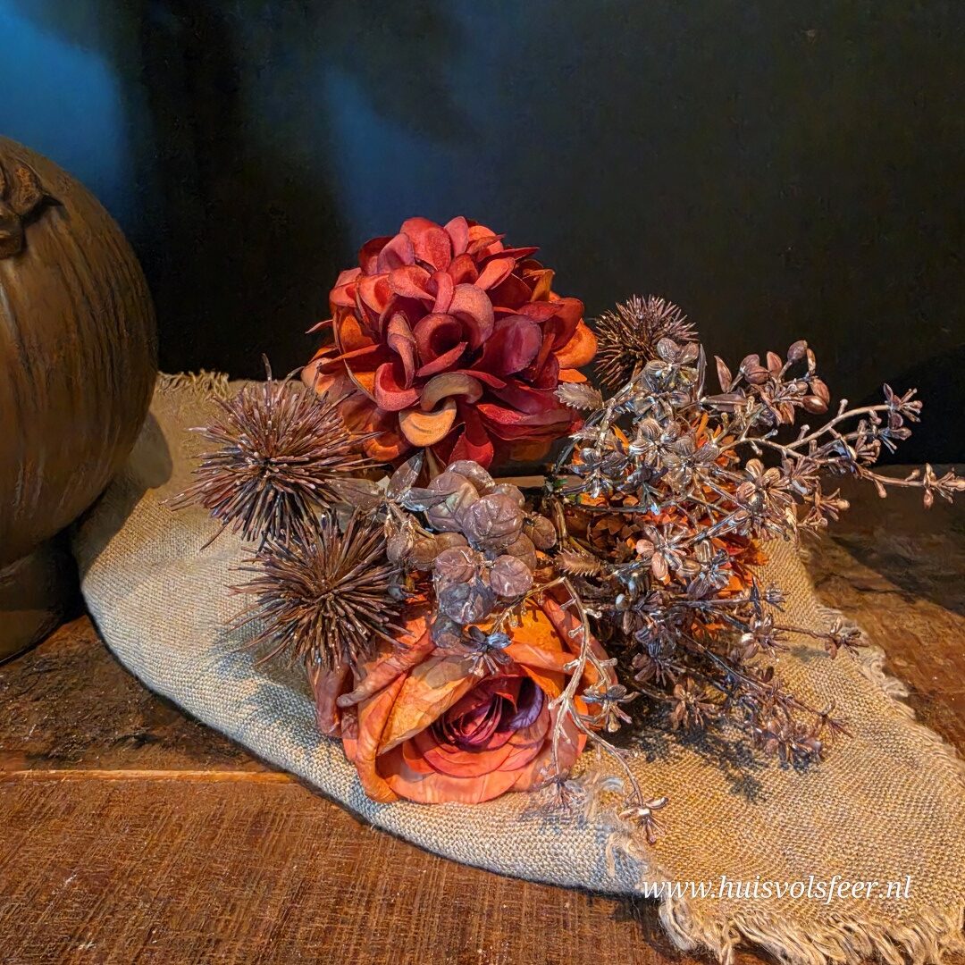 Zijdeboeket Hortensia & Roos || Oranje/ Bruin - Afbeelding 4