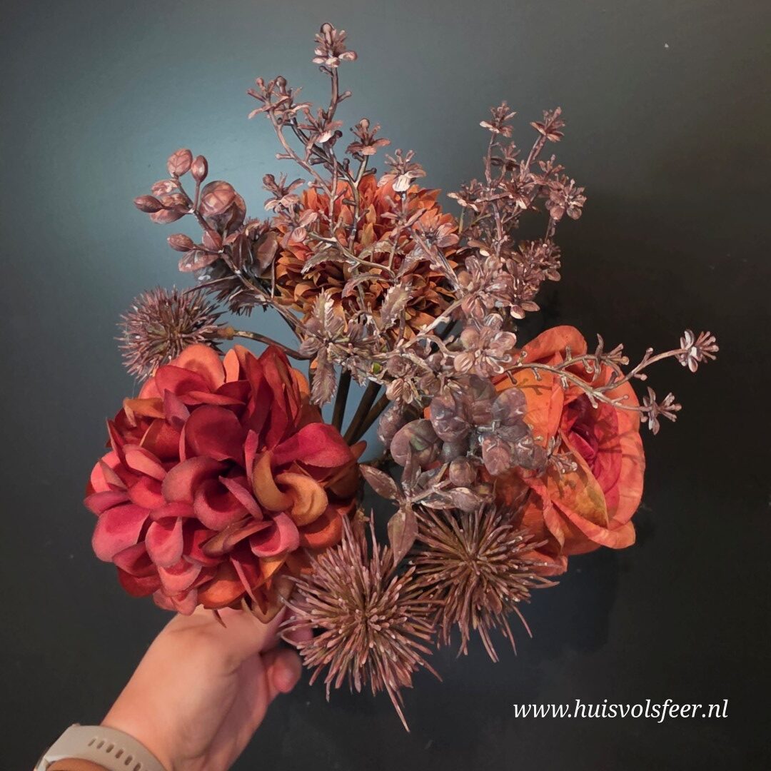 Zijdeboeket Hortensia & Roos || Oranje/ Bruin - Afbeelding 5