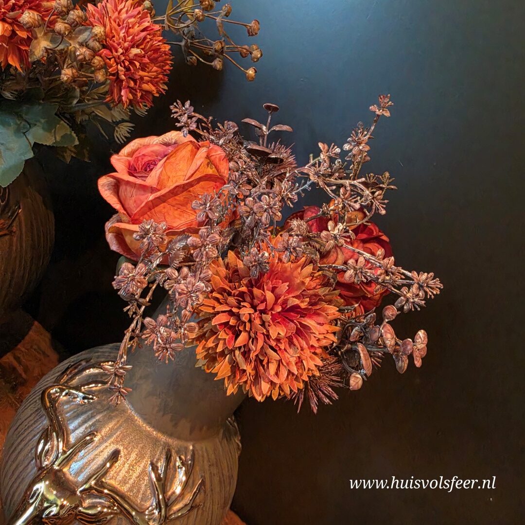 Zijdeboeket Hortensia & Roos || Oranje/ Bruin - Afbeelding 6