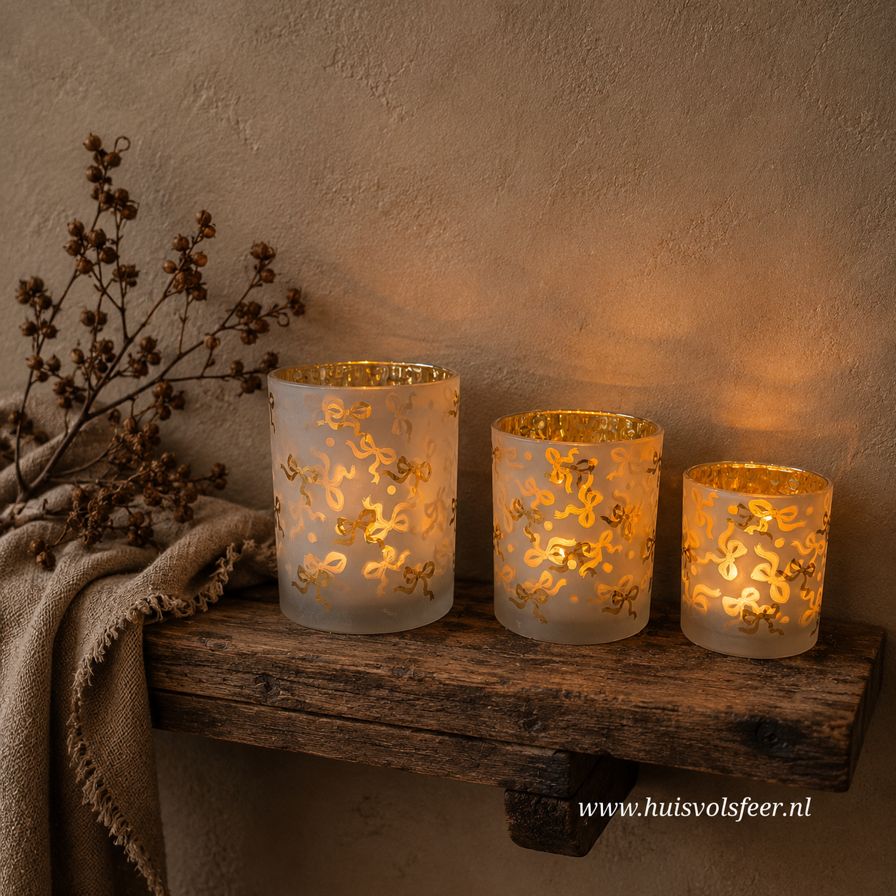 Windlicht Strik- Wit/ Goud || Large - Afbeelding 2