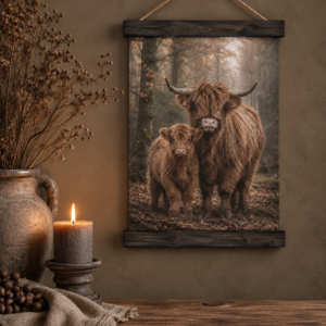 Wanddoek "Landelijk en sfeervol"- Hooglander met Kalf in het Bos || 30x40 cm.