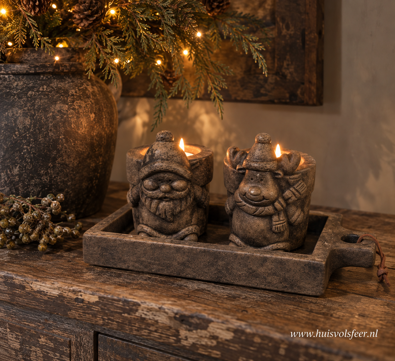 Set Rectangular Plate+ 2 Tealightcups Xmas- Majestic Brown || Brynxz - Afbeelding 2
