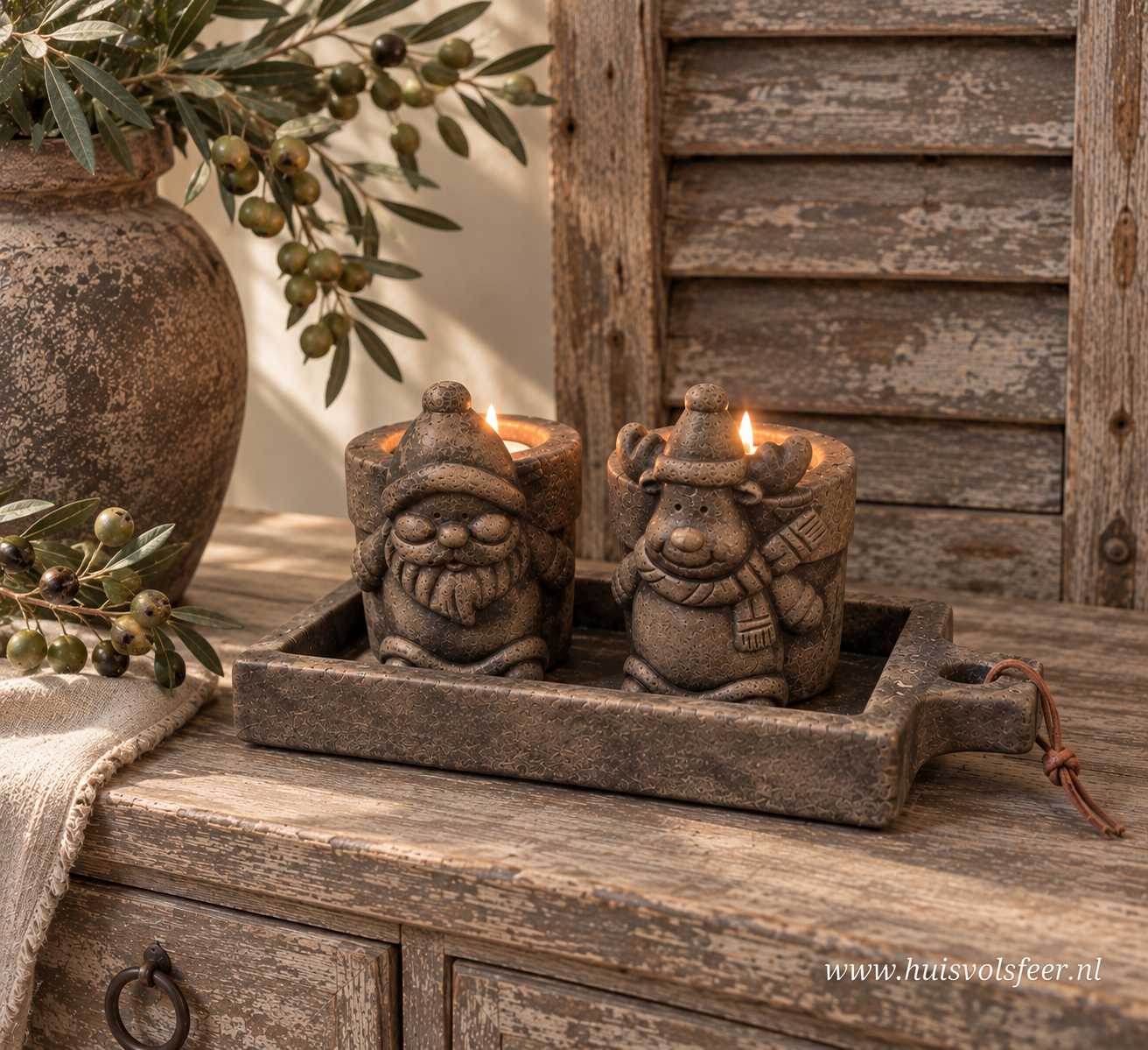 Set Rectangular Plate+ 2 Tealightcups Xmas- Majestic Brown || Brynxz