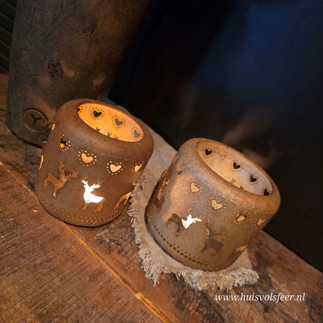 Windlicht Hertjes- Roest || 11x H11,5 cm - Afbeelding 2