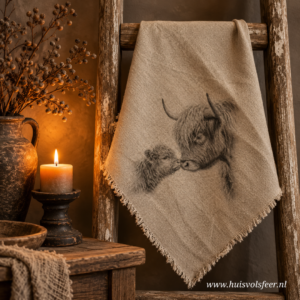 Linnen Shabby Doek- Hooglander Moeder met Kalf || Eigen Label